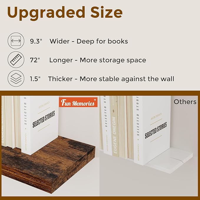 Fun Memories 72 Inch Floating Shelves for Wall, 72x9.3 Large Floating Shelf for Bedroom, Kitchen, Bathroom, Wall Mounted Rustic Wood Shelves with Invisible Bracket for Books, Decor, Rustic Brown