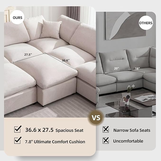 Cloud Couch Modular Sectional Sofa Modern Oversized Couches with Ottoman 7 Seater L-Shaped Sofas Comfy Couches for Living Room Spacious Space Apartment Lounge, Cream