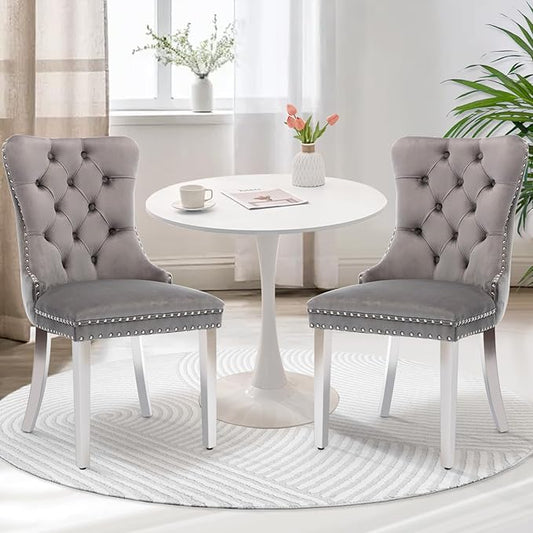 SoarFlash Kitchen Table and Chairs for 2, 31.5" Dining Table Set for 2 with Velvet Upholstered Chairs, 3 Piece Round Kitchen Table Set, Dining Room Table Set for Small Space, Apartment, Grey/White