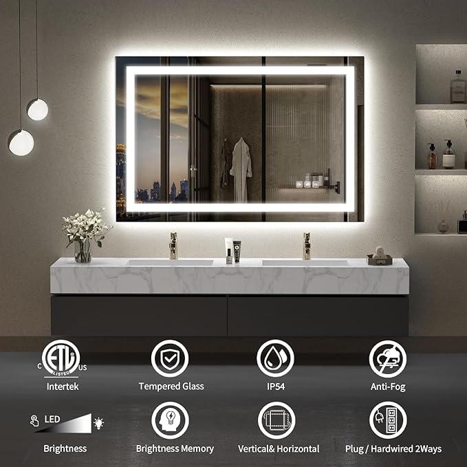 LED Mirror for Bathroom, 48x32 Inch Backlit + Front Lighted Bathroom Vanity Mirror with Lights for Wall, Double Light Strips, 3 Colors, Shatter-Proof, Anti-Fog and Brightness Memory