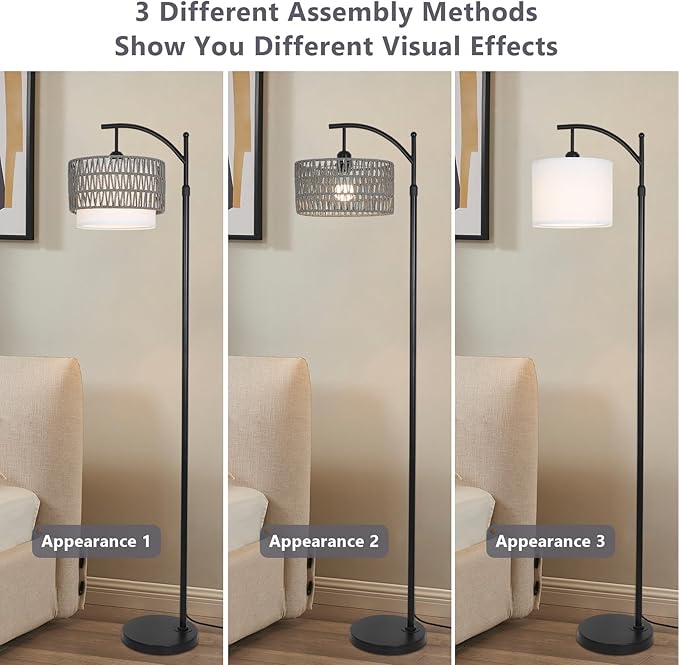 Floor Lamps for Living Room, Arc Standing Lamp with Remote & Dimmable Bulb, Boho Rattan Floor Lamp for Bedroom with 3 Color Temperatures, Farmhouse Tall Lamp, Height Adjustable Stand up Lamp