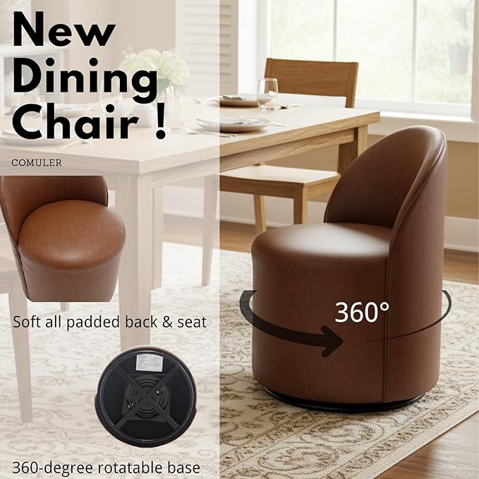 Modern Barrel Dining Chairs Set of 3, Swivel Base Cognac PU Leather Accent Chair 360°Rotating Mid-Century Dining Side Chair Kitchen Chair for Living Room, Bedroom, Home, Office, Kitchen(Brown)