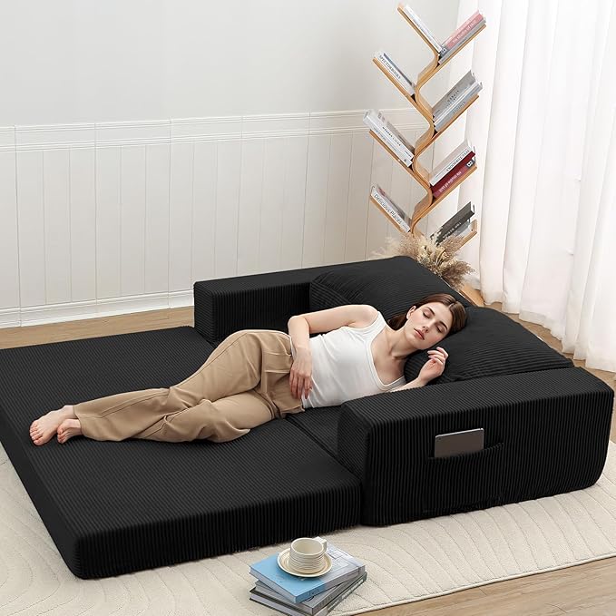 COMAX Convertible Sofa Bed Queen, Folding Fold Out Couch Bed, Floor Futon Couch Corduroy Sleeper Mattress with Back Pillows, Boneless Sofa Comfy Lounge Loveseat for Living Room Bedroom, Black