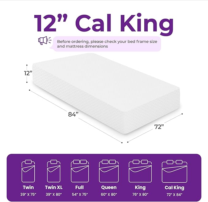 Gaeste 12 Inch Cal King Cooling Gel Memory Foam Mattress Medium Firm for Cool Sleep Pressure Relieving CertiPUR-US Certified Foam, Convenient Mattress in a Box Fiberglass Free (California King, 12 in)
