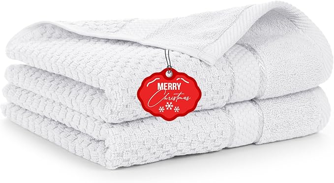 Ample Decor 100% Cotton Christmas White Hand Towel for Bathroom Set of 2- Super Soft, Quick-Dry, Highly Absorbent, Popcorn Textured - Mulaayam Collection - 18 X 28 Inch