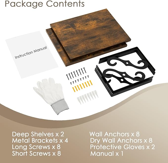 DINZI LVJ Deep Floating Shelves, 16" W x 12" D Wall Shelves Set of 2, Wide Display Shelf Mounted with Brackets, Easy-to-Install Wall Bookshelf for Living Room, Bathroom, Bedroom, Rustic Brown