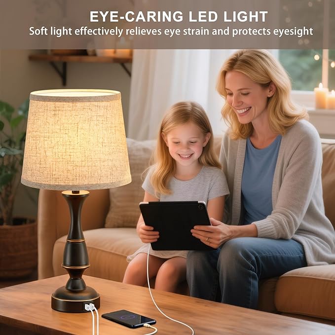 Luvkczc Touch Table Lamps Set of 2, 22" Tall Bedside Lamps with Dual USB A Ports, Dimmable Nightstand Lamps for Bedroom, Living Room, Office, Black Lamps with Beige Lampshade, Bulb Included