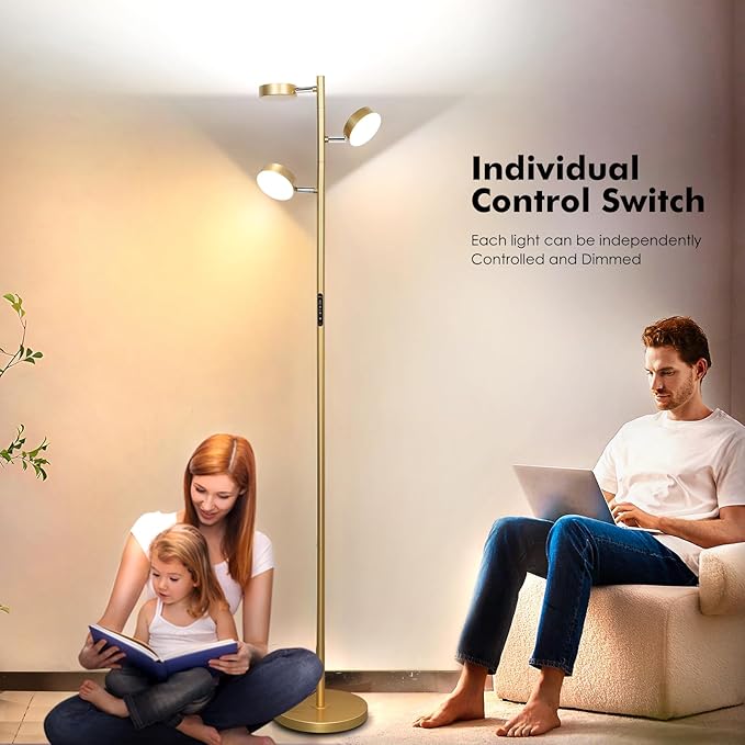 Gold Floor Lamp for Living Room with Remote Modern Tall Standing Lamp Dimmable LED Brass Tree Floor Lamps with 3 Adjustable Heads Touch Control 4 Color Temperatures for Bedroom Office Reading