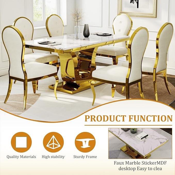 Luxury Dining Room Table with Gold Stainless Steel Metal U-Base in White Gold