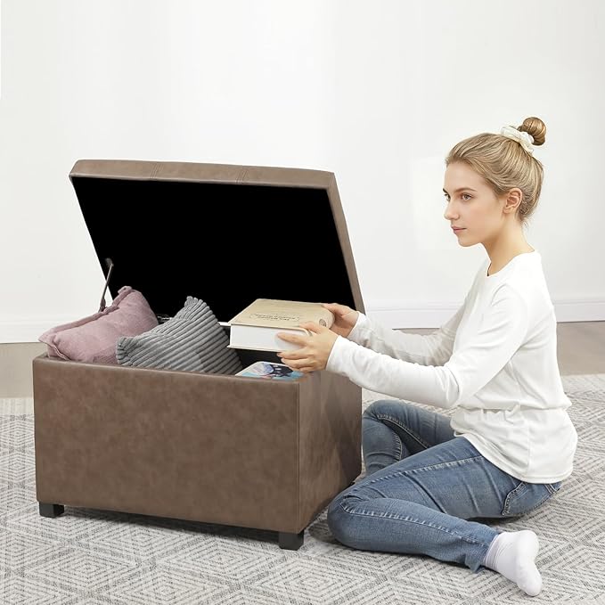 Joveco 24" Leather Storage Ottoman Bench, Rectangle Foot Rest Stool for Living Room, Bedroom, Entryway, Earthy Light Brown Veining