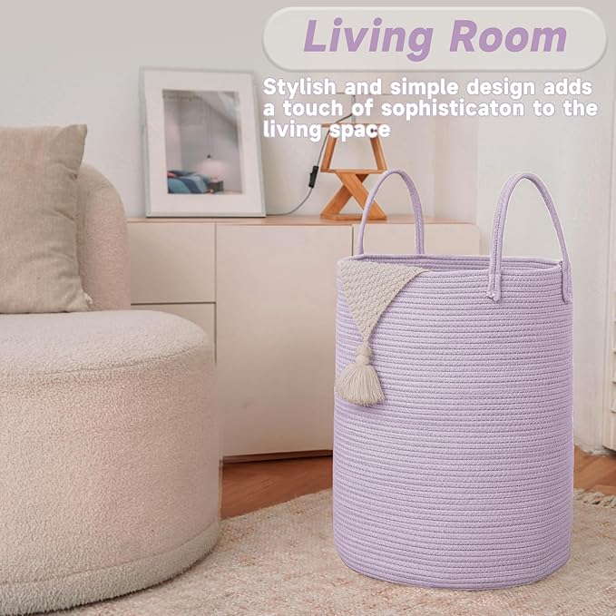 Large Woven Laundry Basket Hamper,80L Cotton Rope Storage Bin for Blankets,Toys and Clothes,Decorative Tall Nursery Hamper for Living Room,Baby Nursery,Bathroom and Bedroom,Purple