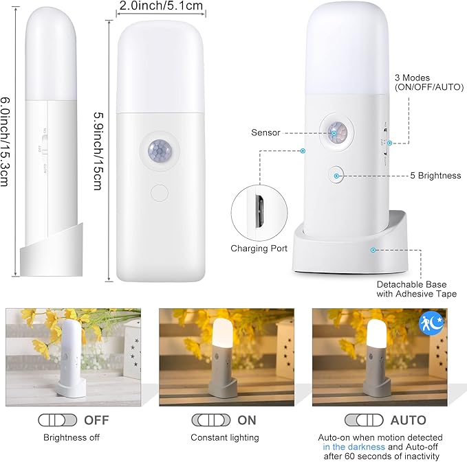 Motion Sensor Night Lights Indoor, Rechargeable Night Light Battery Powered, Portable Nightlight with Adjustable Brightness Activated Table Lamp for Kids, Adults, Bedroom, Bathroom(1Pack)