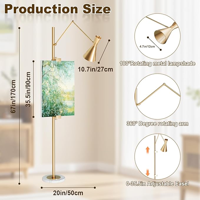 Metal Floor Lamp with Easel, Adjustable 360° Swing-Arm Standing Lamps, 67in Tall Lamp with Marble Base for Living Room, Painting Rooms, Bedroom, Offices, Courtyards, Gold