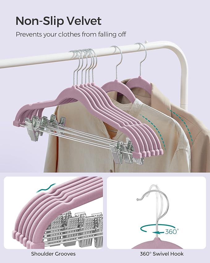 SONGMICS 30-Pack Pants Hangers, 16.7-Inch Long Velvet Hangers with Adjustable Clips, Heavy-Duty, Non-Slip Skirt Hangers, Space-Saving for Pants, Skirts, Coats, Dresses, Pale Purple UCRF012GP30