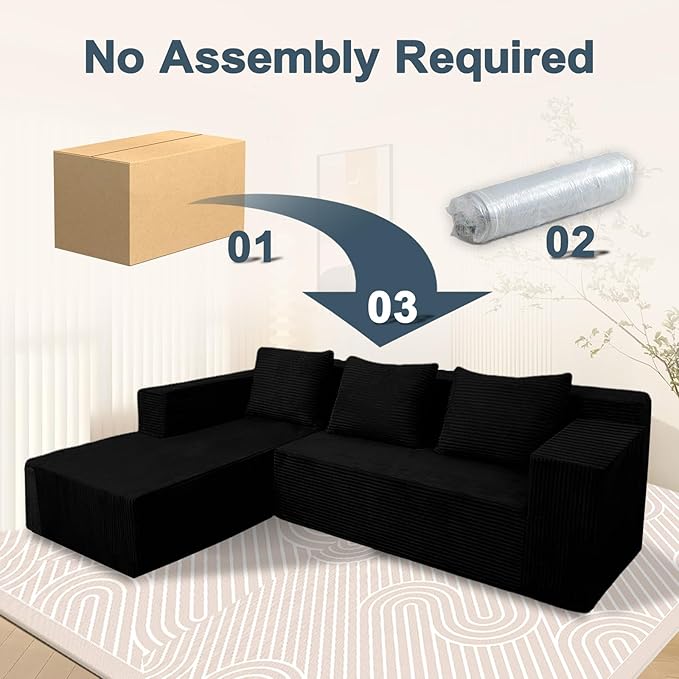 ANONER 103" L-Shaped Cloud Couch with Chaise, Modular Sectional Corner Sofa with Deep Seat, Modern Minimalist Boneless Couch, Free Combination Couches for Apartment (Black)