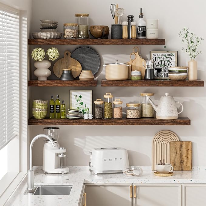 Heimlove 36 Inch Long Floating Shelf for Wall, 12" Deep Floating Shelves Shelves for Bedroom Living Room Bedroom,Wall Mounted Shelves for Storage Book Decor, Set of 2, Rustic Brown