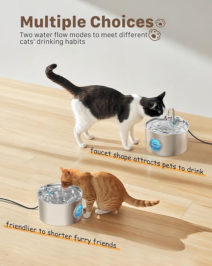 Cat Water Fountain Stainless Steel: Cat Fountain for Drinking - Pet Water Fountain for Cats Inside - 74oz/2.2L Quiet Cats Water Bowl Dispenser - Kitten Drinking Fountains - 6 Filters + 3 Sponges