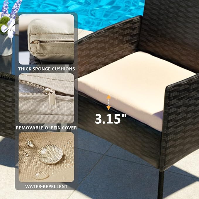 3 Pieces Patio Furniture Set, Outdoor Conversation Sets, Wicker Rattan Chairs for Garden Backyard Balcony Porch Poolside, Set with Glass Table and Soft Cushions (Black+Beige)
