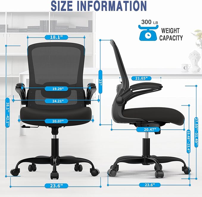 Mimoglad Ergonomic Office Chair - BIFMA Certified, Flip-up Armrests & 135° Recline, Adjustable Lumbar Support - Space-Saving Task Chair for Business/Team Office & Home (Black, 300lbs)