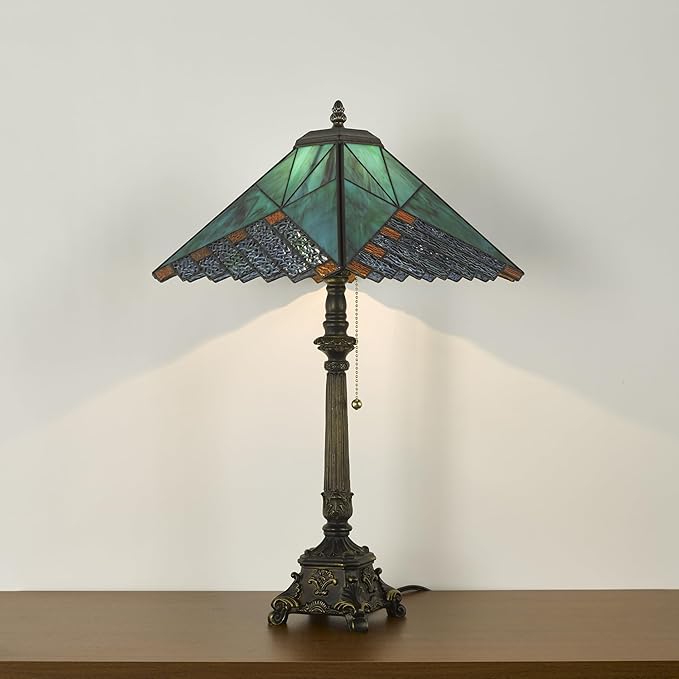Tiffany Table Lamps Deep Blue Stained Glass Rhombus Checkered Style Mission Desk Lamp 12X12X24 Inch Bronze Resin Base