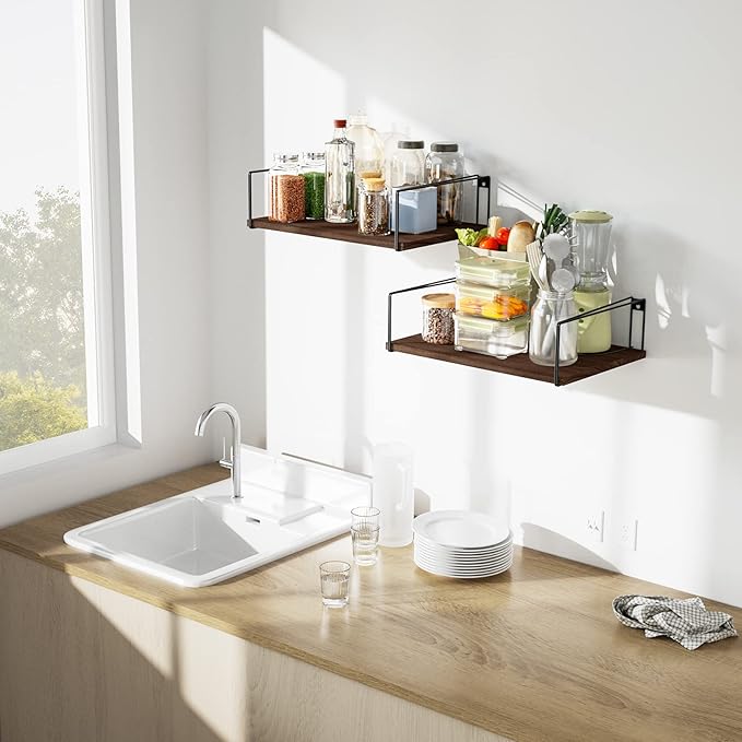 SRIWATANA Wide Floating Shelves, Rustic Wood Wall Shelves Set of 2, Wall Mounted Shelves with Large Capacity for Many Rooms Decor, Dark Walnut