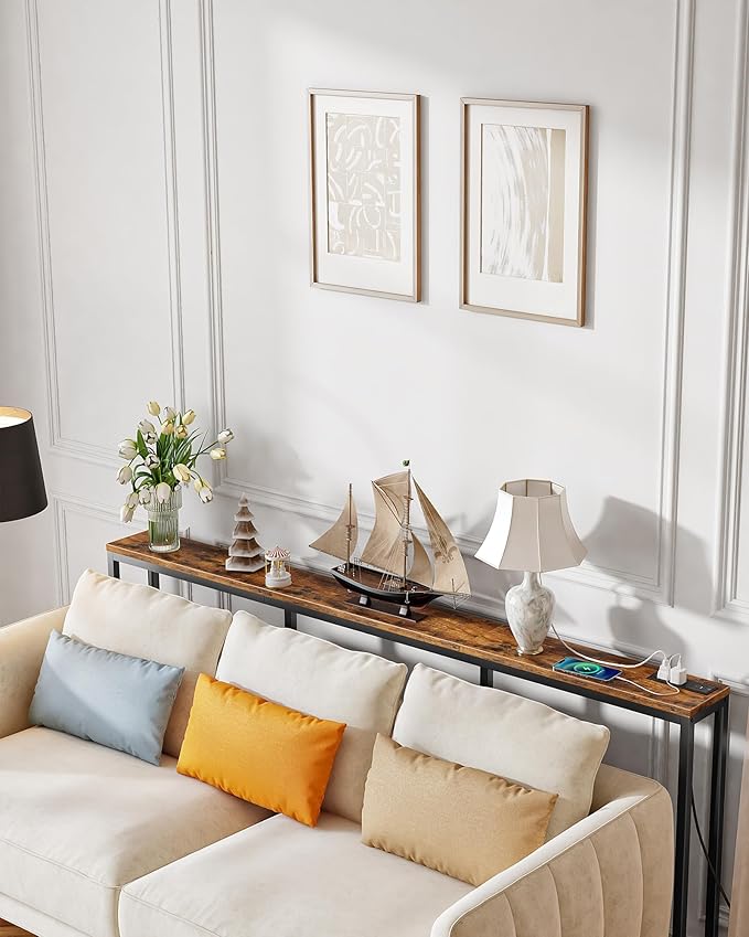 62.99" Console Table with Charging Station, Narrow Long Behind Couch Table, with 2 AC Outlets, 1 USB-A Port and 1 Type-C Port Rustic Brown and Black TXG26UBF