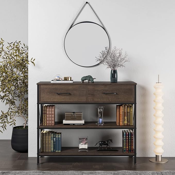 HITHOS Industrial Console Table with Drawers, Vintage Hallway Foyer Table with Storage Shelves, Narrow Long Sofa Entryway Table for Living Room, Dark Brown