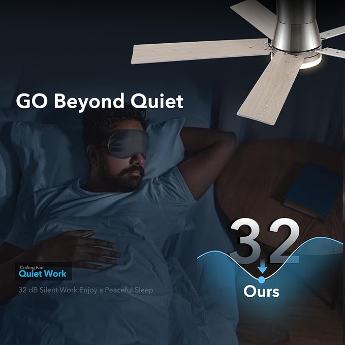 Rayqueen 52 Inch Ceiling Fans with Lights and Remote,Flush Mount Brushed Nickel Ceiling Fan,6 Speed Reversible DC Motor,3CCT Dimmable LED-Low Profile Design for Bedroom, Living room & Covered Outdoor