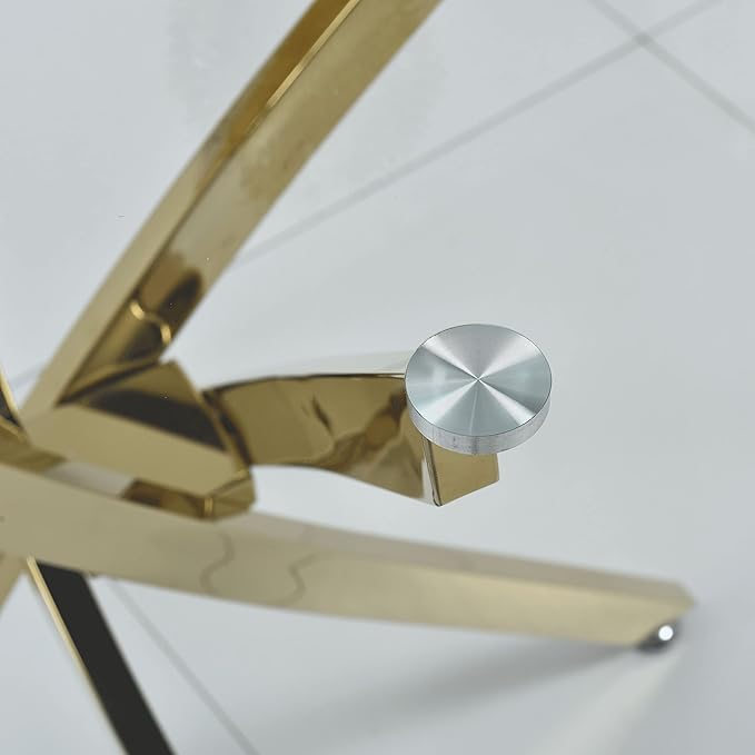 Goujxcy 3 Piece Round Glass Dining Table Set for 2, 36" Round Dining Table & Chair Set Modern Circle Glass Kitchen Table and 2 Velvet Upholstered Chairs for Kitchen Dining (Gold Table & Blue Chair)