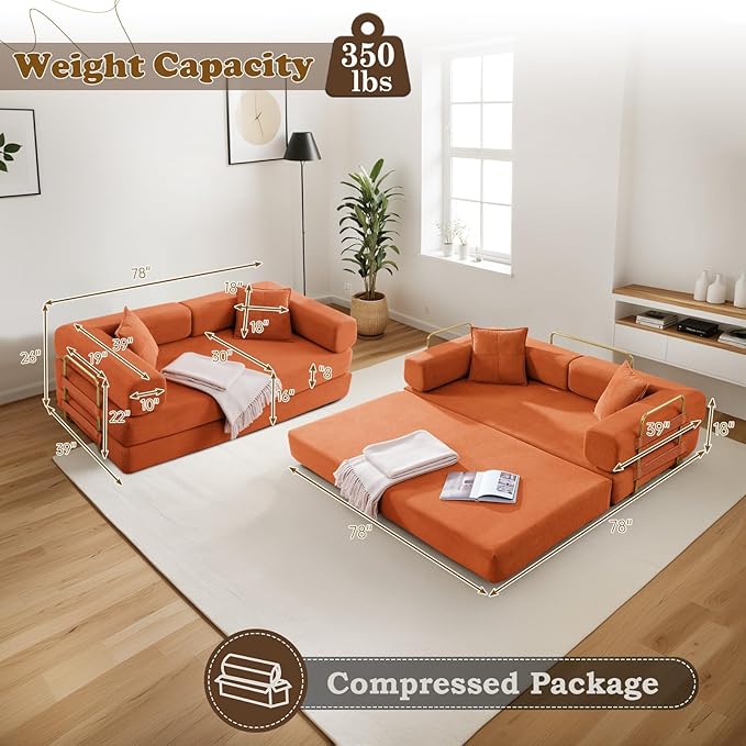 Antetek Convertible Futon Sofa Bed, 3-Seater Modern Corduroy Foam Floor King Size Bed Fold Out Sleeper Lounge Loveseat Sofa Couch with 2 Throw Pillows for Living Room Bedroom Guest Room, Orange