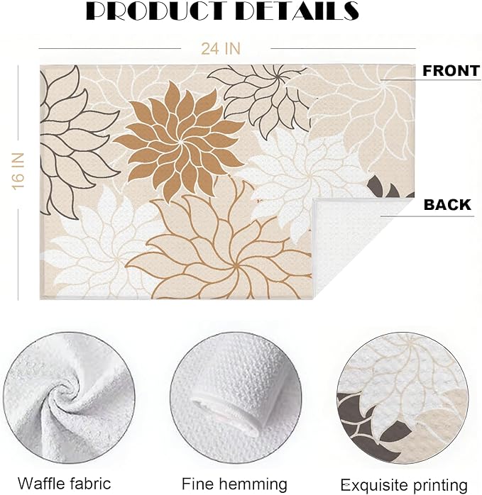 Boho Floral Abstract Waffle Towels, Flower Hand Towel for Bathroom Decor, 16x24 Inch Neutral Brown Flower Dish Tea Towel Decor for Kitchen/Bath/SPA