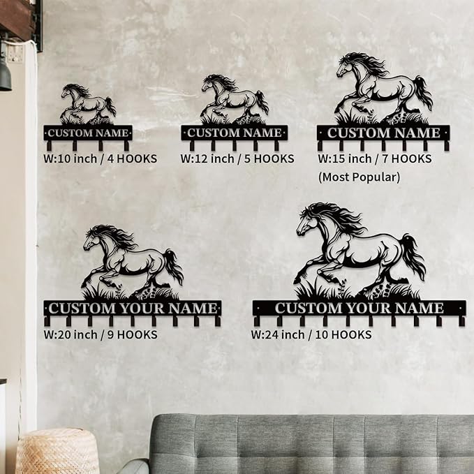 Personalized Custom Name Farm Horse Wall Key Hooks,Metal Horse Art Clothes Hooks,Metal Horse Wall Home Storage Decorative,For Front Door, Hallway, Kitchen, Bedroom,Keys,Hats (Style E)