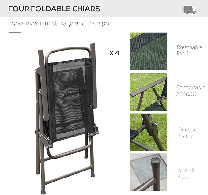 Outsunny 6 Piece Patio Dining Set for 4 with Umbrella, Outdoor Table and Chairs with 4 Folding Dining Chairs & Round Glass Table for Garden, Backyard and Poolside, Black