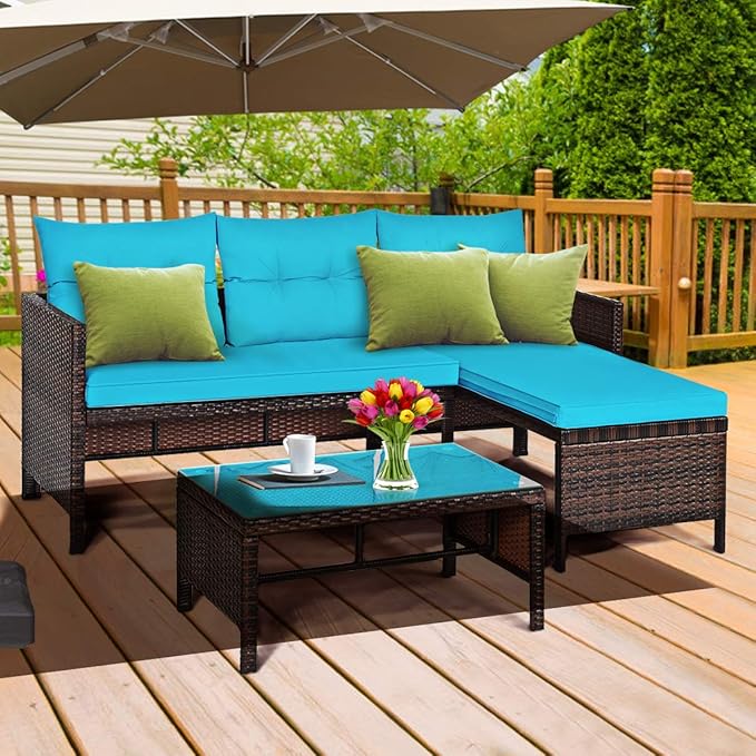 Tangkula Patio Corner Sofa Set 3 Piece, Outdoor Rattan Sofa Set, Includes Lounge Chaise, Loveseat & Coffee Table, Patio Garden Poolside Lawn Backyard Furniture