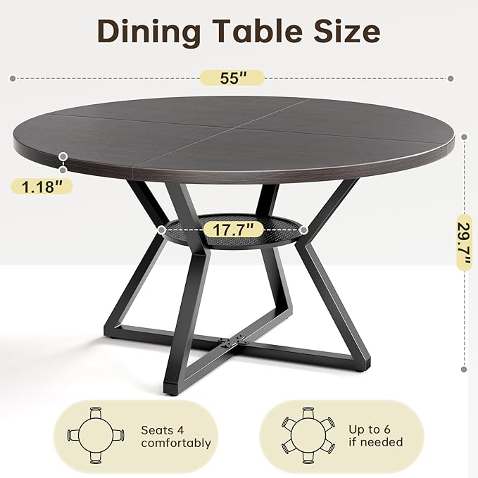 Concho 55" Round Kitchen Dining Room Table for 6-8,Circle Dining Dinner Table with Pedestal Metal Frame,Space Saving Wood Kitchen & Dining Room Furniture, Deep Grey