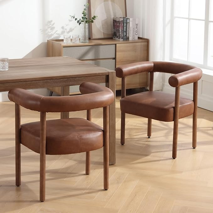 Mid-Century Modern Dining Chairs Set of 2, Armrest Barrel Dining Chairs Side Accent Chairs with Curved Back, Upholstered Wood Armchairs for Kitchen, PU Leather Brown
