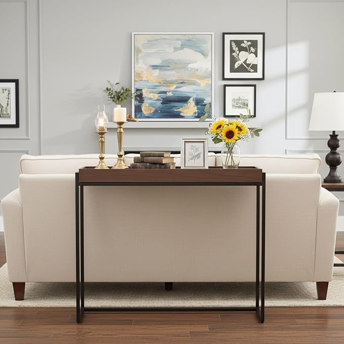 Narrow Console Table Solid Wood, Slim Entryway Table with Storage Groove, Farmhouse Small Sofa Table Behind Couch for Hallway, Living Room, Foyer(Brown 11.8" W,31.5" Lx31.5 H)