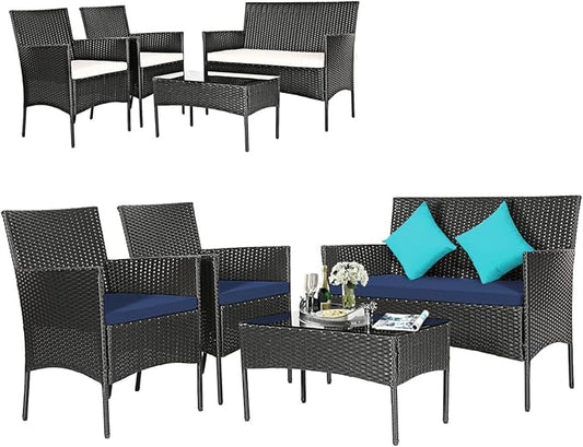 Tangkula 4 Pieces Patio Furniture Set, Outdoor Wicker Conversation Set with Tempered Glass Tabletop, Rattan Sofa and Chairs Set with Off White & Navy Cushion Covers
