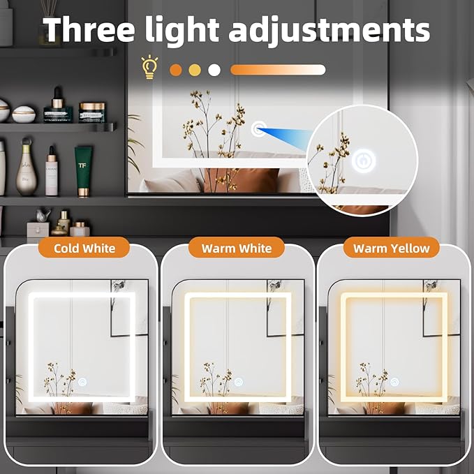 Makeup Vanity Desk with LED Mirror & Movable Storage Cabinet, 3-Tier Open Shelves, 5 Drawers, Adjustable 3-Color Lighting for Bedroom
