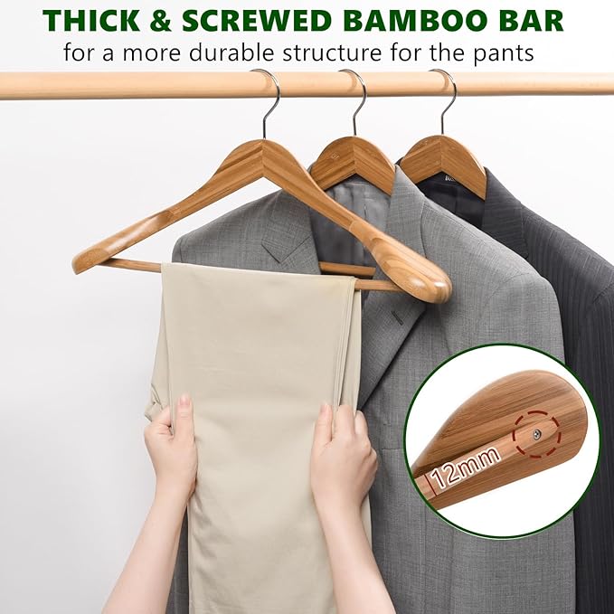 Amber Home 6 Pack Natural Wide Shoulder Bamboo Wooden Suit Coat Hangers, Bamboo Clothes Hangers with Pants Bar, Heavy Duty Bamboo Jacket Hangers for Dress, Pants, Heavy Clothes