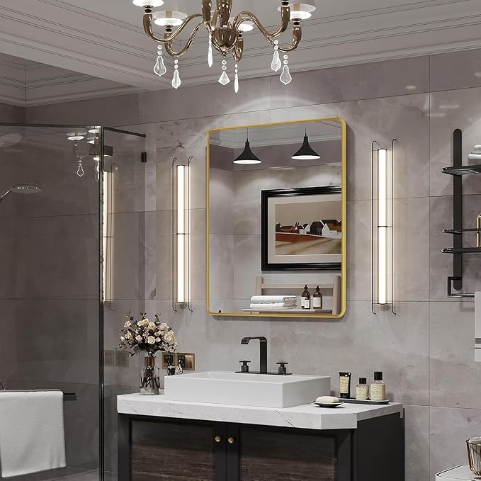 Gold Framed Mirrors for Bathroom,30 x 36 Inch Rounded Conner Rectangle Mirror for Wall, Matte Gold Vanity Mirror with Tempered Glass,Anti-Rust,Hangs Horizontally or Vertically