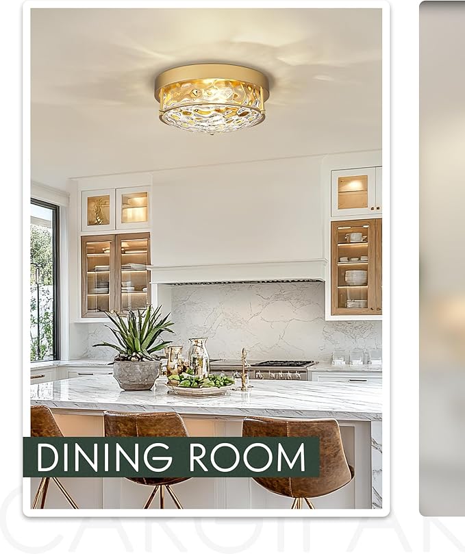 12" Flush Mount Ceiling Light, Farmhouse Style, Hammered Glass,Brass Gold, for Living Room, Bedroom, Dining – CKCL4822-2W-HGBB