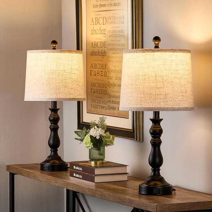 23'' Farmhouse Table Lamps for Living Room Set of 2 with USB C+A Ports, Retro Bedside Lamp for Bedroom, Office, Dining Room, Knob Switch, 3 Color Temperatures, Bulb Included, Black