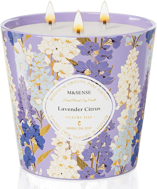 M&SENSE Lavender Citrus Scented Candle, 28.2oz 3 Wick Natural Soy Wax Large Candles, Long Lasting Clean Slow Burning No Toxic Décor for Home Relaxation, Romantic Dates & Gift-Giving