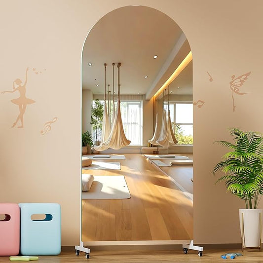 Hasipu 75" x 32" Arched Rolling Home Gym Mirror with Wheels, 360° Swivel Body Mirror with HD Tempered Glass, Large Floor Mirror for Yoga Room, Dance Studio, Bedroom & Home Gym