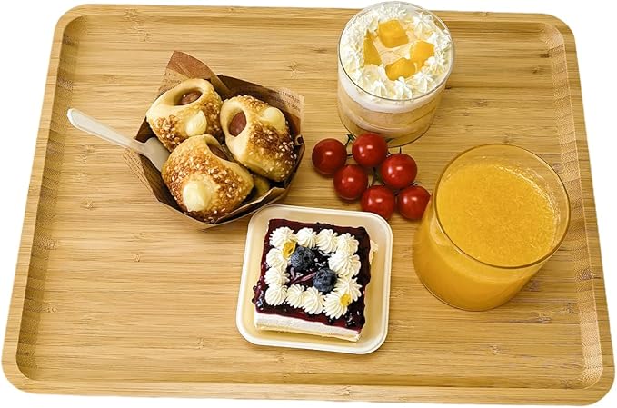 Bamboo Serving Tray Rectangle Platter Breakfast Dinner Food Bed Tray for Eating Kitchen Restaurants (1, 15.7" x 12.8" x 0.8" (no Handle))
