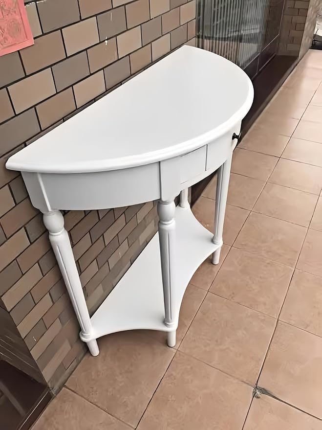 Solid Wood Console Table with Drawer, Semi-Circle Entryway Storage Shelf, Half-Moon Porch Table Side Elegant Vintage Sofa for Living Room (White (31.5" L x 13.8" W x 31.5" H))