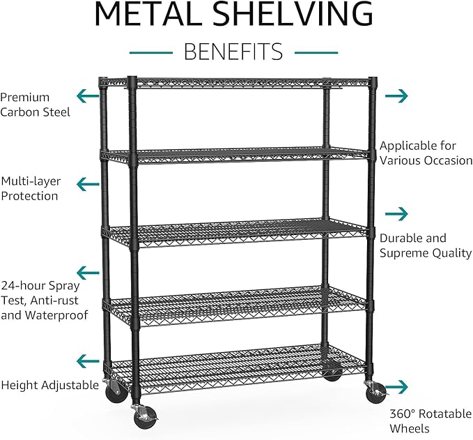 IZEUK Garage Shelving Wide Storage Shelves 5 Tier Metal Shelves 4000 LBS Heavy Duty Adjustable Utility Shelf Rack Black 23.6" D x 53.1" W x 73.6" H