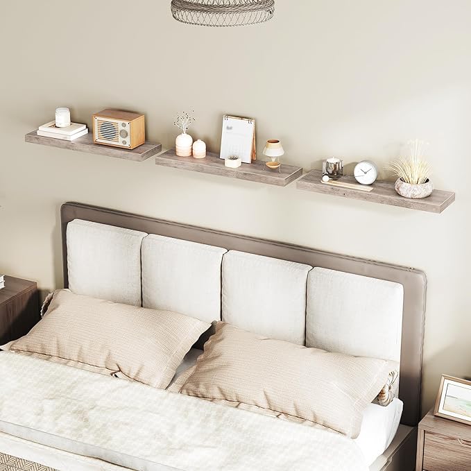 Floating Shelves for Wall, 1.5" Thick Wall Shelf Set of 3 with Invisible Brackets, 23.6L x 7.9W Hanging Book Shelves Farmhouse Home Decor for Bathroom, Living Room, Bedroom, Greige 6301BJP3BG
