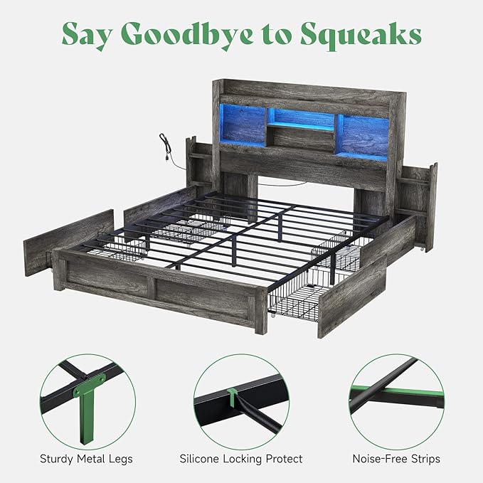 AMERLIFE Queen Bed Frame with 4 Storage Drawers, LED Bed Frame with 49“ Tall Bookcase Headboard, Wood Platform Bed with Charging Station & 2 Slide Bedside Shelf, No Box Spring Needed/Rustic Grey